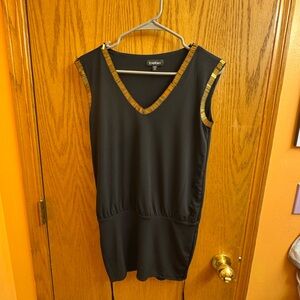 Bebe Black V-Neck Dress with Gold Accents Women’s Sz XXS